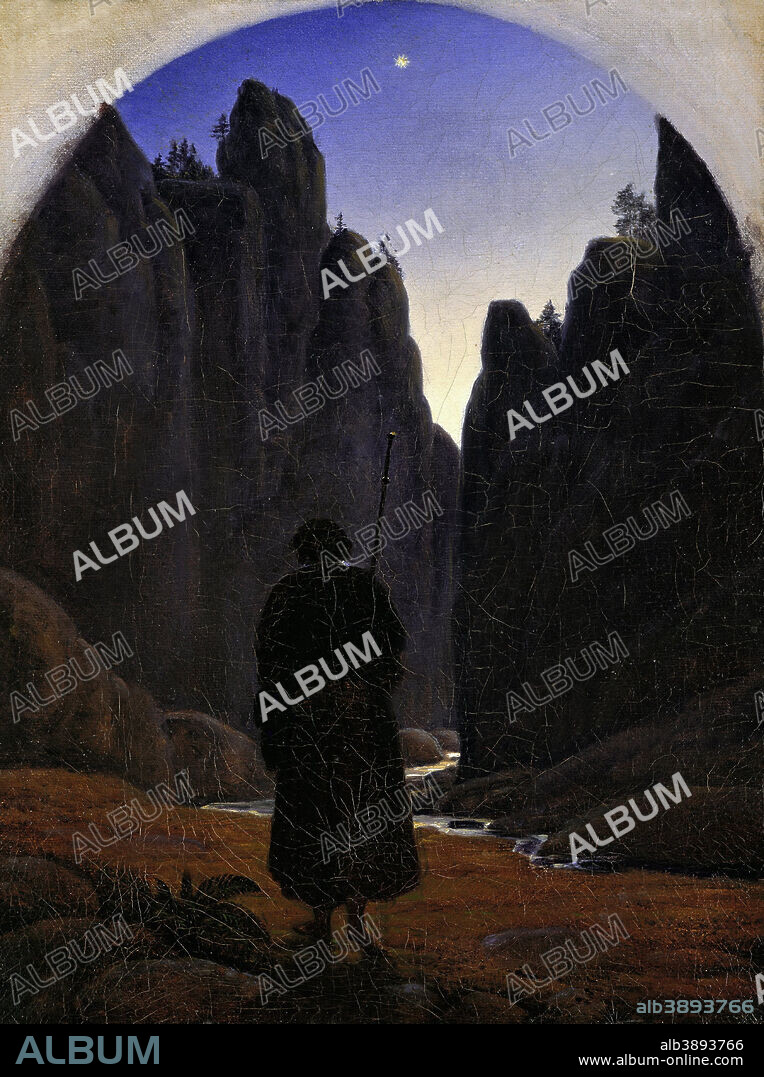 CARL GUSTAV CARUS. Pilger im Felsental
 Pilgrim in a Rocky Valley. Date/Period: Ca. 1820. Painting. Oil on canvas. 22 cm x 28 cm.
