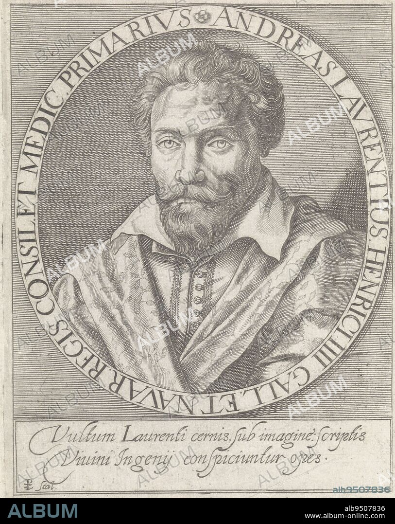 Portrait of Andre du Laurens, Paul de Zetter, 1628 - 1645, Portrait of Andre du Laurens, physician to the French king Henry IV., print maker: Paul de Zetter, (mentioned on object), Germany, 1628 - 1645, paper, engraving, h 135 mm × w 106 mm.