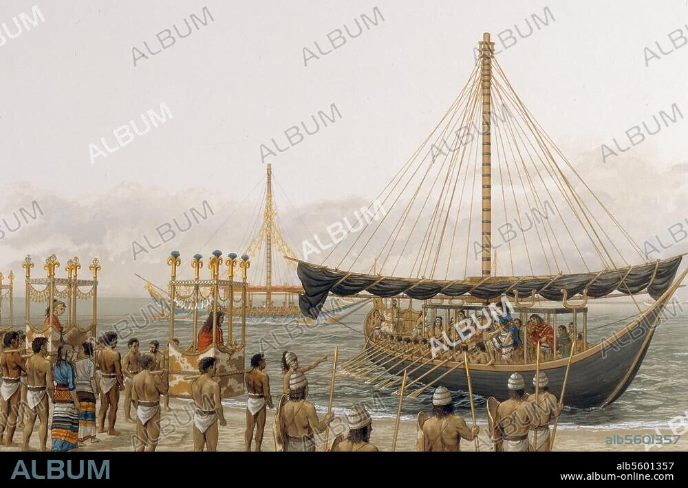 Mythology / Greco-Roman:. Theseus. Arrival of the boat with the seven youths and seven maidens from Athens led by Theseus in Crete as a tribute to King Minos, whose daughter Ariadne falls in love with Theseus. Watercolour, undated, by Peter Connolly. (1935-2012).