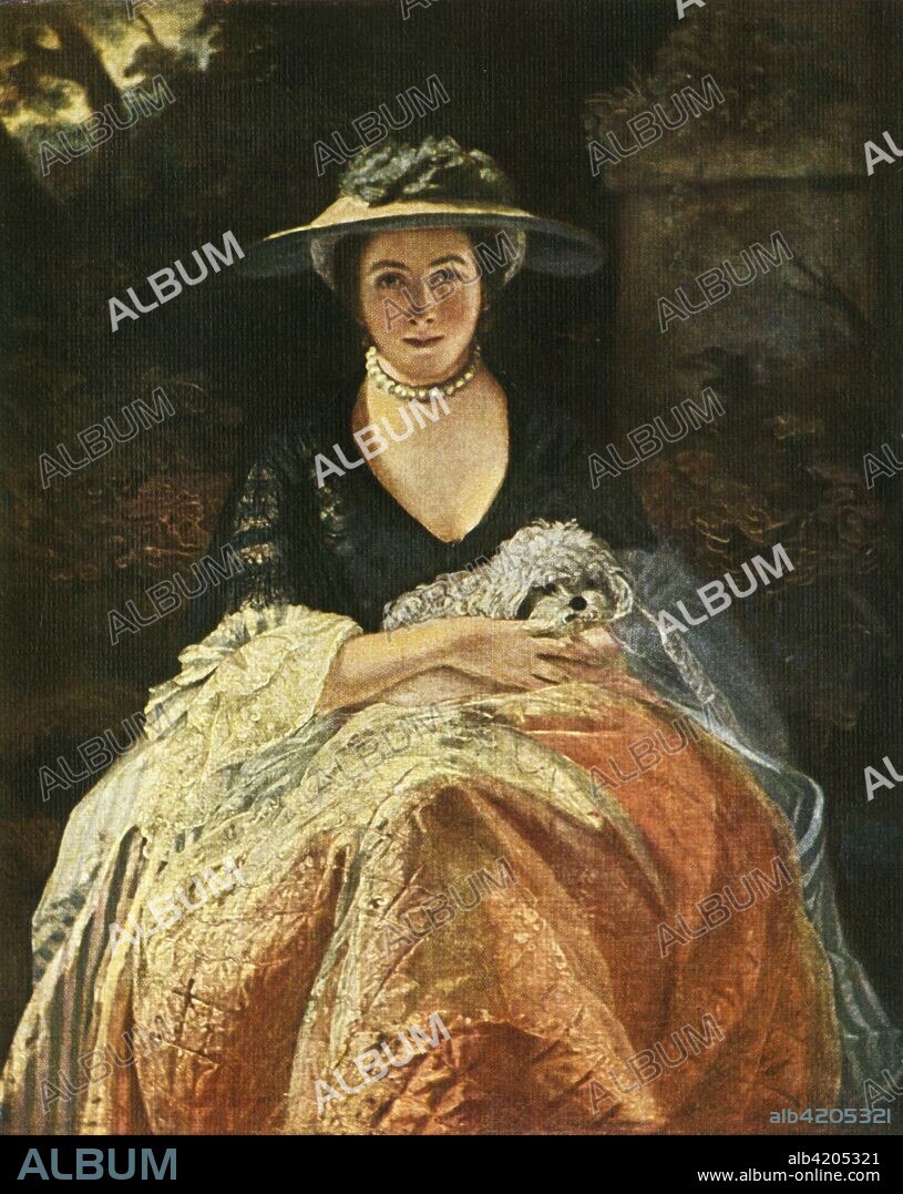 'Nelly O'Brien', c1762-1763, (c1912). Painting in the Wallace Collection. Nelly O'Brien (died 1768), a well-known beauty and courtesan, holding a Maltese lapdog. British portrait painter Sir Joshua Reynolds (1723-1792) promoted the ?Grand Style? in painting, and was a founder and first president of the Royal Academy of Arts in London. He held the position of Principal Painter in Ordinary to the king. His work is held in galleries and museums around the world. Illustration from Reynolds - Masterpieces in Colour, by Samuel Levy Bensusan. [TC & EC Jack, Frederick A Stokes Co,  London & New York, c1912].