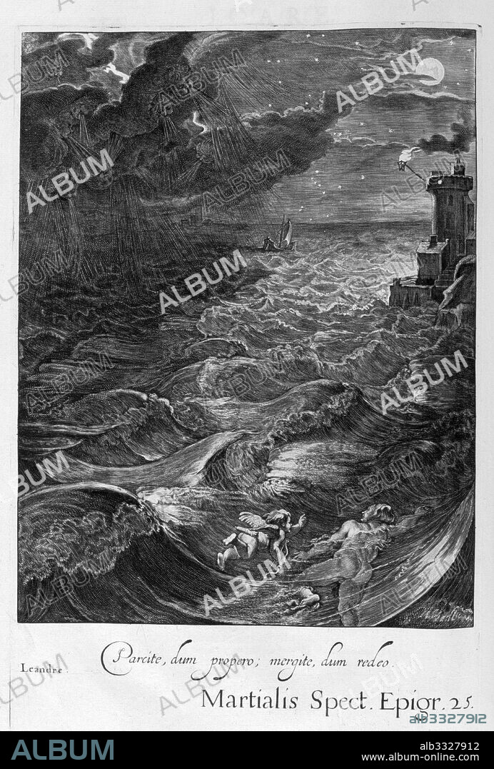 Hero and Leander is the Greek myth relating the story of Hero, a priestess of Aphrodite who dwelt in a tower in Sestos on the European side of the Hellespont (today's Dardanelles), and Leander, from Abydos on the opposite side of the strait. Engraving from 'Tableaux du temple des muses' (1655) by Michel de Marolles (1600 - 1681), known as the abbe de Marolles; a French churchman and translator.
