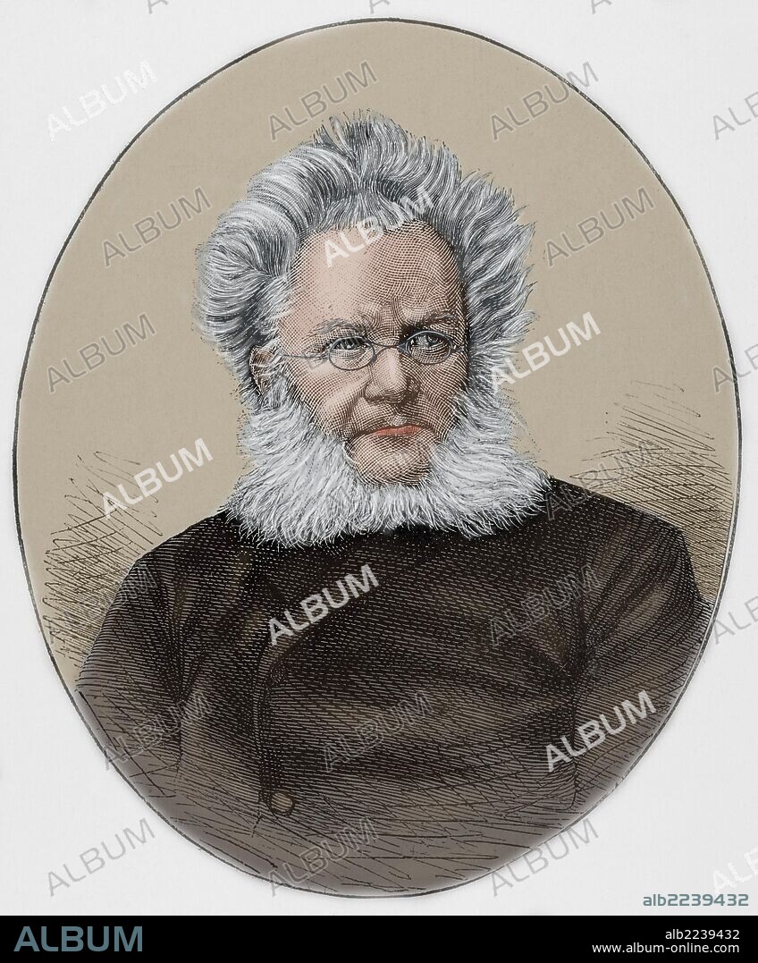 Henrik Ibsen (1828-1906). Norwegian playwright. Engraving in The Catalan Illustration, 1893. Colored.