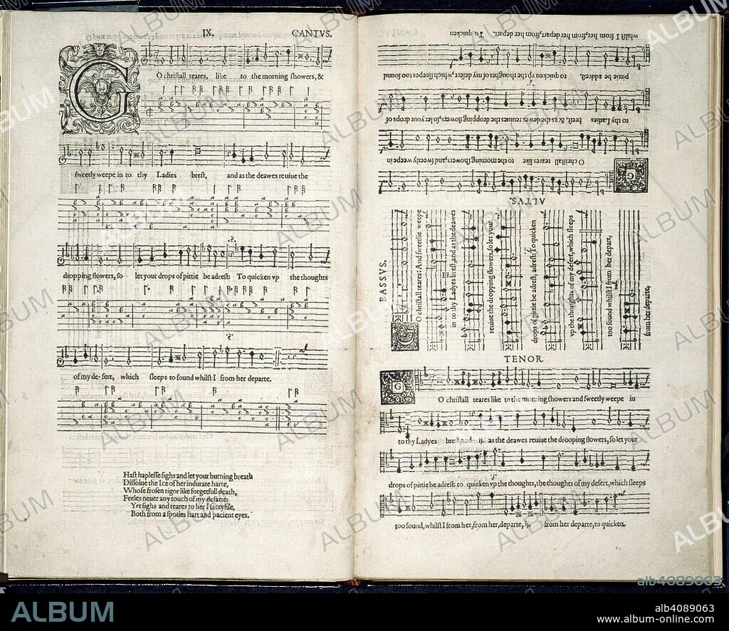 JOHN DOWLAND. Two pages of printed music in table-book format. The First Book of Songes or Ayres. 1597. Source: K.2.i.4, IX.