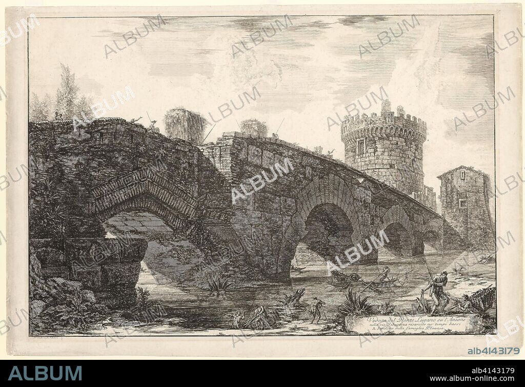 View of Ponte Lugano on the Anio, from Views of Rome. Giovanni Battista Piranesi (Italian, 1720-1778); published by Francesco (Italian, 1758-1810) and Pietro Piranesi (Italian, born 1758/9). Date: 1763. Dimensions: 452 x 661 mm (image); 461 x 669 mm (plate); 498 x 729 mm (sheet). Etching on heavy ivory laid paper. Origin: Italy.