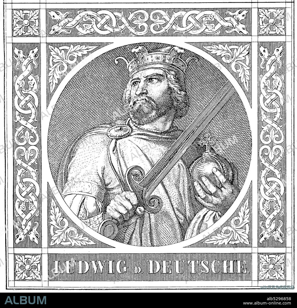 Ludwig II of German (* around 806, † 28 August 876) from the noble family of the Carolingian was 817 the Pious used by his father Ludwig as a king of Bavaria, which he ruled independently from 826. From 843 to 876 Ludwig was king of Ostfrankenreiches  /  Ludwig II. der Deutsche (* um 806- 28. August 876) aus dem Adelsgeschlecht der Karolinger wurde 817 von seinem Vater Ludwig dem Frommen als Unterkoenig von Baiern eingesetzt, das er ab 826 selbststaendig regierte. Von 843 bis 876 war Ludwig Koenig des Ostfrankenreiches, historical, digital improved reproduction of an original from the 19th century / digitale Reproduktion einer Originalvorlage aus dem 19. Jahrhundert'.