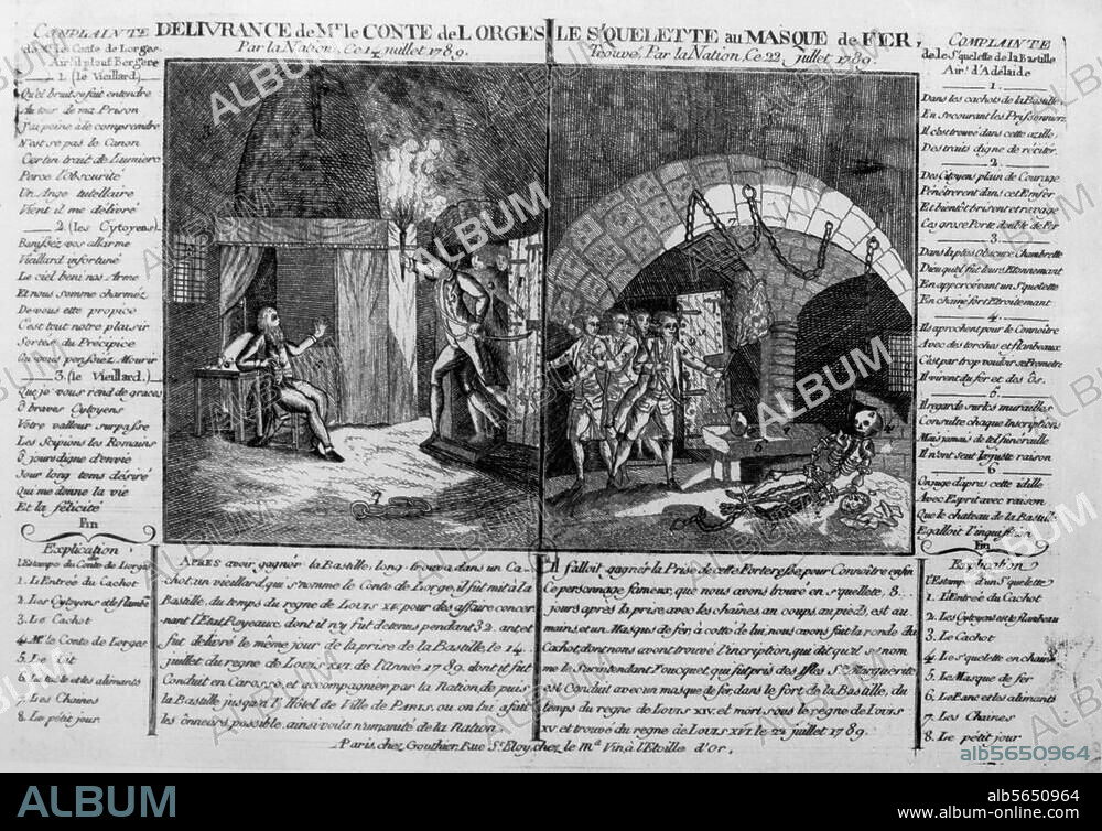 Französische Revolution:. Sturm auf die Bastille am 14. Juli. 1789. Befreiung des Comte de Lorges (14. Juli 1789) / Auffindung des Skeletts mit der Eisenmaske (22. Juli 1789). Radierung, zeitgenössisch. Paris, Bibliothèque Nationale.