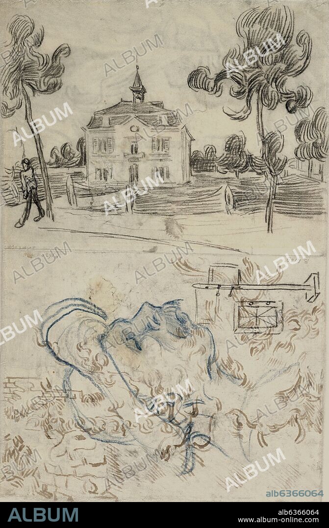 VINCENT VAN GOGH. 'The Town Hall at Auvers / Man Face', June-July 1890, Drawing, black and blue chalk, 24 x 31 cm.