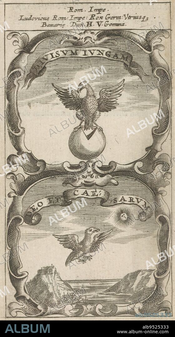 Eagle on a split world / Bird on its way to the sun, Divisum Jungam / Deo Et Caesarum (title on object), Symbola Divina et Humana Pontificum Imperatorum Regum (series title), An emblem with two representations. Above, an eagle sits with its talons on a split world. Below, a bird flies above a landscape with the mouth of a river. Above him the sun. These are mottos of Emperor Louis the Bavarian., print maker: anonymous, after print by: Aegidius Sadeler (II), 1666, paper, engraving, letterpress printing, height 121 mm × width 67 mm.