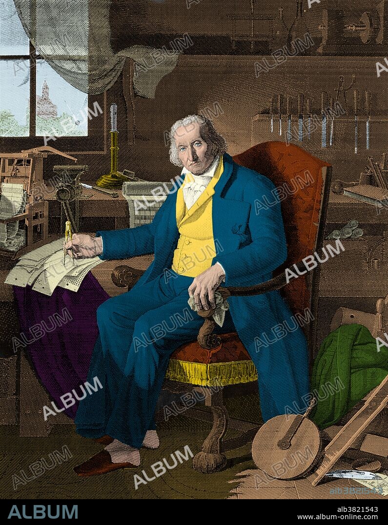 Joseph-Marie Charles Jacquard (July 7, 1752 - August 7, 1834) was a French weaver and merchant. He played an important role in the development of the earliest programmable loom (the Jacquard loom), which in turn played an important role in the development of other programmable machines, such as computers. His surname was not technically Jacquard, it was Charles. In 1801, he exhibited his Jacquard loom invention at the industrial exhibition in Paris. His invention was fiercely opposed by the silk-weavers, who feared that its introduction, owing to the saving of labour, would deprive them of their livelihood, its advantages secured its general adoption, and by 1812 there were 11,000 Jacquard looms in use in France. The loom was declared public property in 1806, and he was rewarded with a pension and a royalty on each machine. The Jacquard Loom is a mechanical loom that has holes punched in pasteboard, each row of which corresponds to one row of the design. Multiple rows of holes are punched on each card and the many cards that compose the design of the textile are strung together in order. He died in 1834 at the age of 82. This image has been color enhanced.