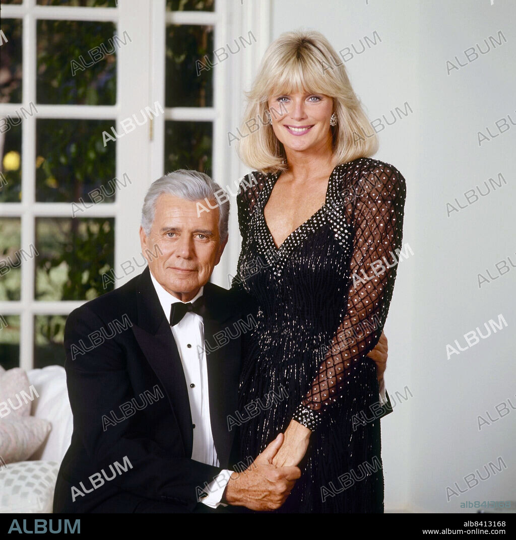 JOHN FORSYTHE and LINDA EVANS in DYNASTY, 1981, directed by DON MEDFORD, JEROME COURTLAND and PHILIP LEACOCK. Copyright Aaron Spelling Productions.