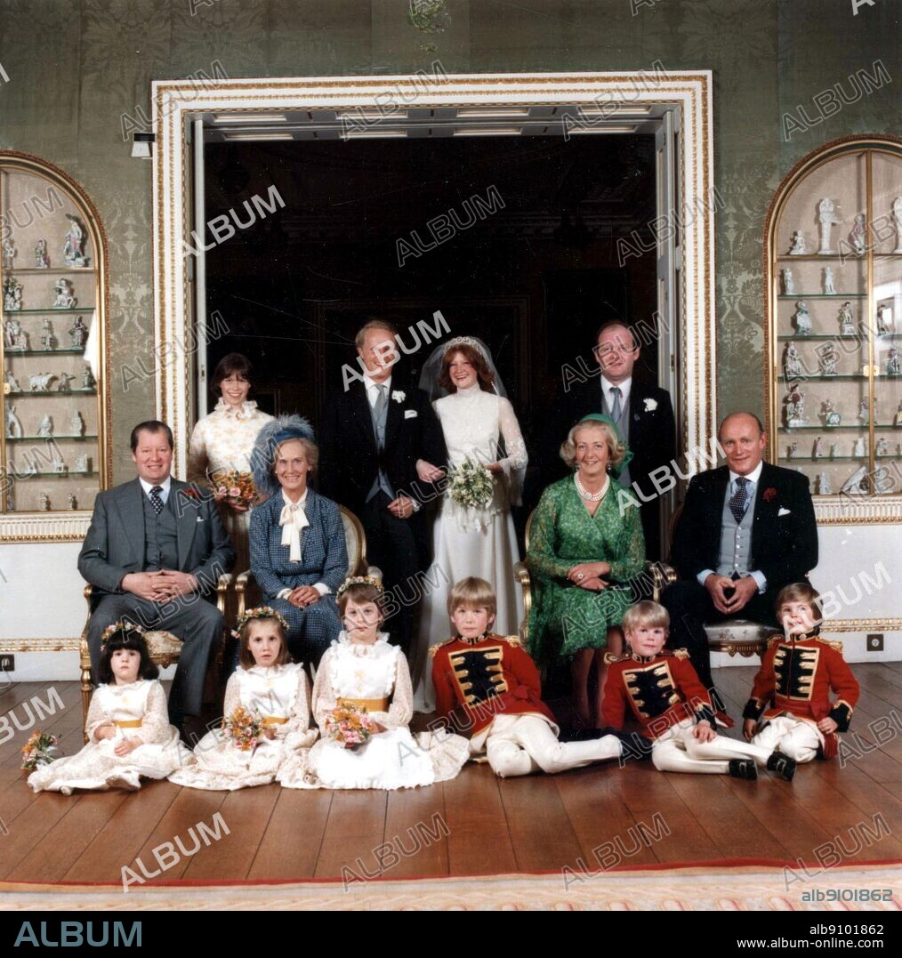 Lady Sarah Spencer married Neil McCorquodale at St Marys Church Great Brington near Althorp on 17th May 1980. Lady Sarah Armstrong Jones in the back row was a bridesmaid, Earl Spencer is seated on the left of the picture beside the grooms mother with the Hon Mrs Peter Shand Kydd and Mr Alistair McCorquodale to the right.