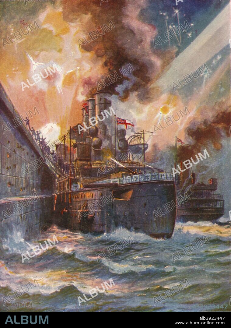 'The Vindictive at Zeebrugge', 1918 (1919). HMS 'Vindictive' was a British Arrogant-class cruiser built at Chatham Dockyard. She was launched on 9 December 1897 and completed in 1899. In 1918 'Vindictive' was fitted out for the Zeebrugge Raid which took place on 23 April 1918. Most of the guns were replaced by howitzers, flame-throwers and mortars for the attack on the German-held Belgian port. Painting held at the Britannia Royal Naval College, Dartmouth. From The Wonder Book of the Navy for Boys and Girls, by Harry Golding. [Ward, Lock & Co., Limited, London, Melbourne and Toronto, 1919].