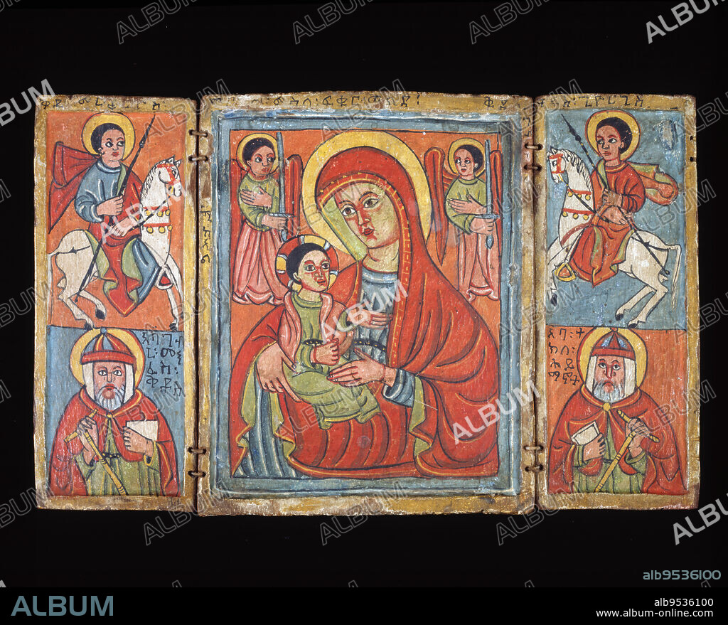 The central panel is Mary and Christ child flanked by archangels with swords. Mary has a red cloak/shawl and holds the child in her proper right arm. Date: early 16th century. Maker: Ethiopian Orthodox. Distemper and gesso on wood.