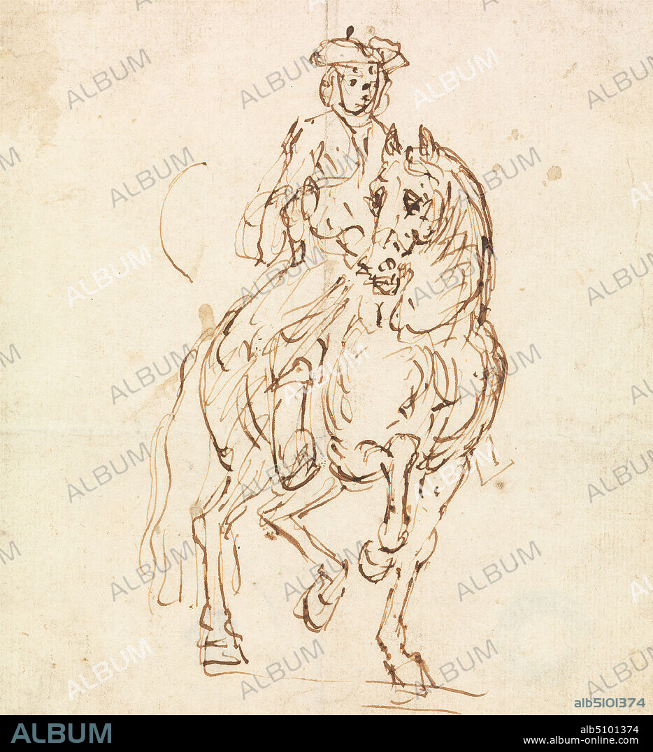 Rider in a Tricorn Hat, Horse Walking towards Front, John Vanderbank, 16941739, British, undated, Pen and brown ink on medium, slightly textured, cream laid paper, Sheet: 6 1/8 × 5 1/2 inches (15.6 × 14 cm), figure study, genre subject, horse (animal), horseback riding, riders, horseback, tricorn, tricorn hats, tricorne, tricorne hats, walking.