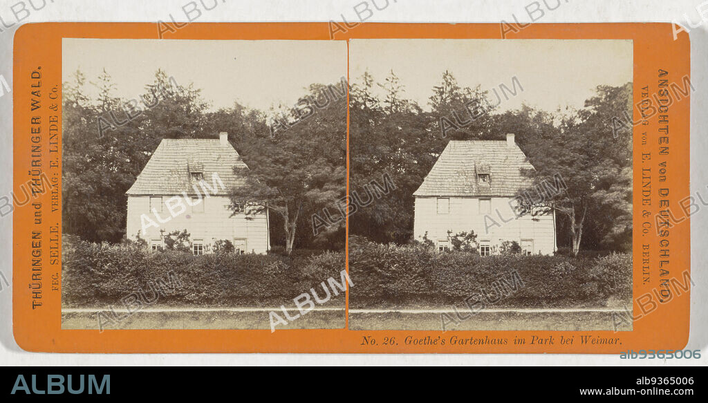 Garden house of Goethe in Weimar, Goethe's Gartenhaus im Park bei Weimar (title on object), Ansichten von Deutschland, Thüringen und Thüringer Wald (series title on object), Hermann Selle (mentioned on object), publisher: E. Linde & Co (mentioned on object), Weimar, publisher: Berlin, 1868 - 1890, cardboard, paper, albumen print, height 86 mm × width 176 mm.