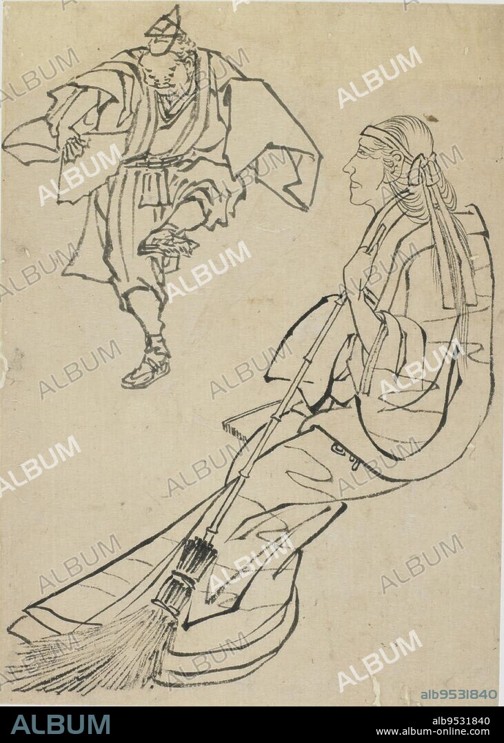 KATSUSHIKA HOKUSAI. Old woman seated on bench before whom a man with fan dances. ink on paper. Origin: Japan. Period: Edo period. Date: 1760-1849.
