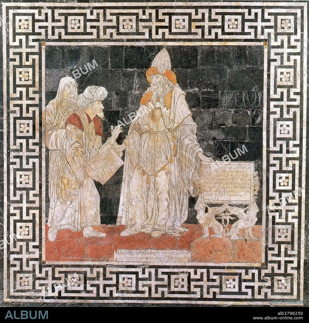 Mosaic floor inlay in the Cathedral of Siena of Hermes Mercurius Trismegistus. Hermes Trismegistus is the purported author of the Hermetic Corpus, a series of sacred texts that are the basis of Hermeticism. He may be a representation of the union of the Greek god Hermes and the Egyptian god Thoth, both gods of writing and of magic. As a divine source of wisdom, Hermes Trismegistus was credited with tens of thousands of writings of high standing. Many Christian writers considered Hermes Trismegistus to be a wise pagan prophet who foresaw the coming of Christianity. The addition of "thrice-great" was added to his name because he knew the three parts of the wisdom of the universe; alchemy, astrology, and theurgy. The Asclepius and the Corpus Hermeticum are the most important of the Hermetica, writings attributed to Hermes Trismegistus, which survive. Hermeticism was a magical and religious movement that were considered greatly important during both the Renaissance and the Reformation.
