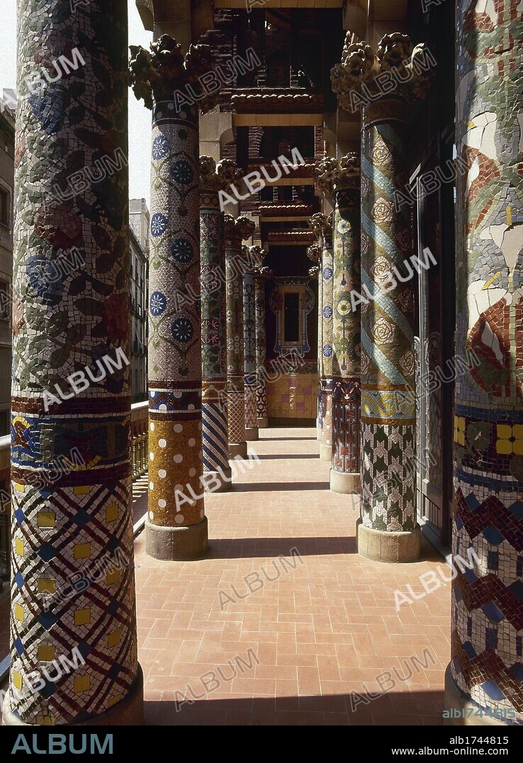 Spain. Barcelona. Palace of Catalan Music. 1905-1908. Modernist style. Built by Lluis Domenech Montaner. Colonnade of the first floor.