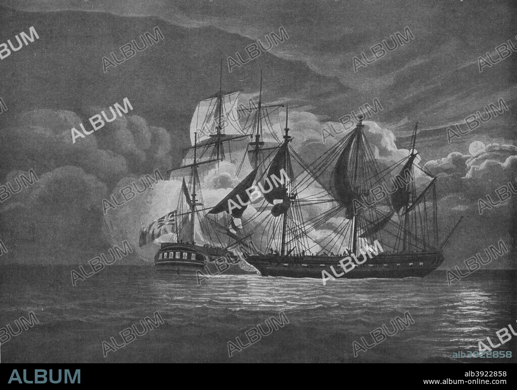 'A Fine Chase and Capture', c1800. On 8 June 1796, the British frigate HMS 'Unicorn' attacked and captured the French frigate 'Tribune' after an extended chase. From Old Naval Prints, by Charles N. Robinson & Geoffrey Holme. [The Studio Limited, London, 1924].