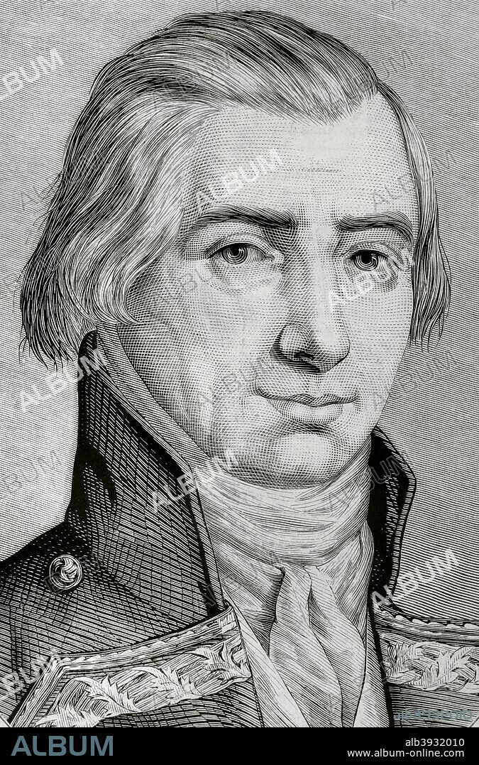 Federico Gravina (Palermo, Sicilia, 1756-Cádiz, 1806). Marino y militar español. 12º capitán general de la Real Armada Española. Participó en la Batalla de Trafalgar. Retrato. Grabado por Marcelo Paris. La Ilustración Española y Americana, 22 de octubre de 1876. Biblioteca Histórico Militar de Barcelona. Cataluña, España.