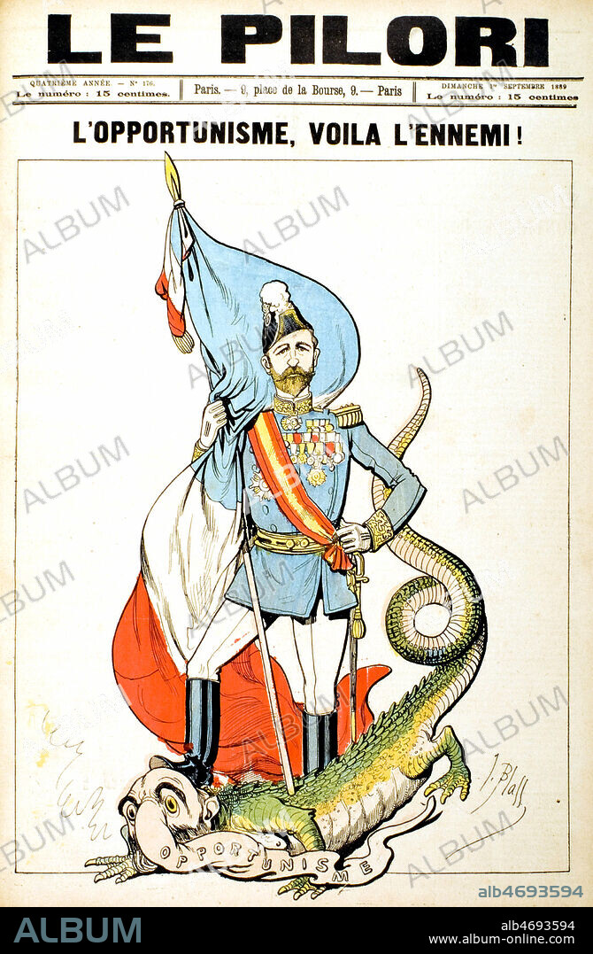 L'opportunisme, voila l'ennemi. Le general BOULANGER en Saint Georges sur le dragon FERRY. Caricature de J. BLASS (1847-1892) pour Le Pilori de septembre 1889. Credit : Coll. Dixmier/KHARBINE-TAPABOR.