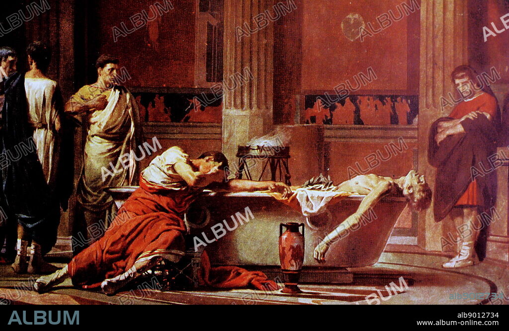 The Death of Seneca by M. Dominguez. Showing Lucius Annaeus Seneca, the philosopher of Cordoba and Nero's tutor, lying dead in a bath. circa 1871.