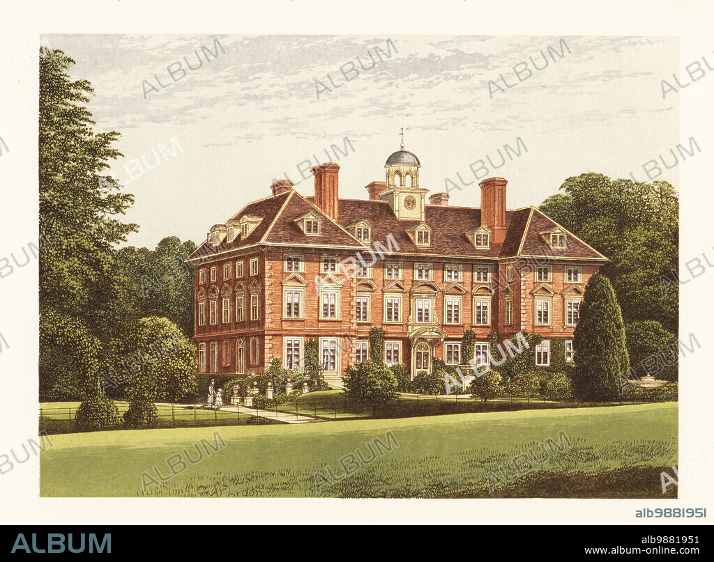 Tyttenhanger Park, Herefordshire, England. Tyttenhanger House is a red-brick house designed by Inigo Jones built in 1654 in an ancient deer park by Sir Henry Pope Blount. Colour woodblock by Benjamin Fawcett in the Baxter process of an illustration by Alexander Francis Lydon from Reverend Francis Orpen Morriss Picturesque Views of the Seats of Noblemen and Gentlemen of Great Britain and Ireland, William Mackenzie, London, 1880.