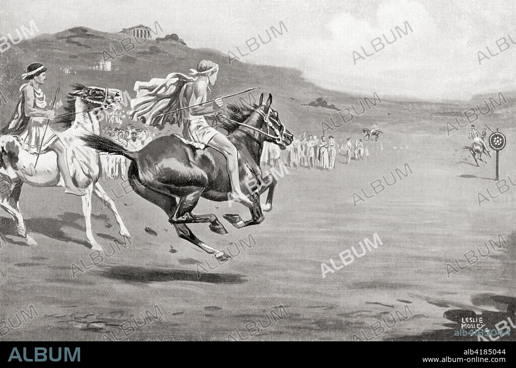 Greek horsemen throwing the javelin.  From Hutchinson's History of the Nations, published 1915.