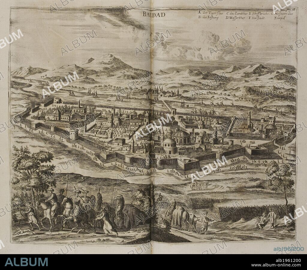 Illustration of Baghdad in the 17th century. UmbstaÌˆndliche und eigentliche Beschreibung von Asia : in sich haltend die Landschafften Mesopotamien, Babylonien, Assyrien, Anatolien oder Klein-Asien. NuÌˆrnberg Germany. Source: W.5754 after 98. Language: German.