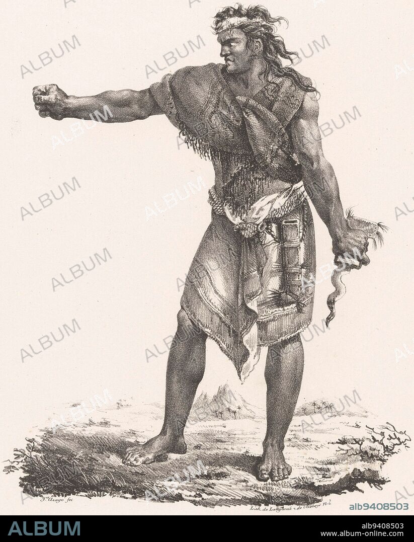 Resident of Timor Island in Indonesia Timorien Landscapes and people seen during a world tour Promenade autour du monde , print maker: Jacques Etienne Victor Arago, (mentioned on object), printer: Pierre Langlumé, (mentioned on object), Paris, 1822, paper, h 360 mm × w 275 mm.