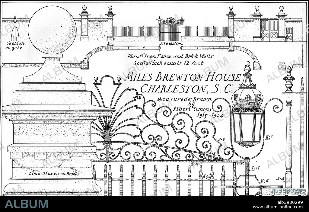 Plan of iron fence and brick walls, Miles Brewton House, Charleston, South Carolina, 1926. From The Architectural Forum Volume XLIV [Rogers and Manson, New York, 1926].