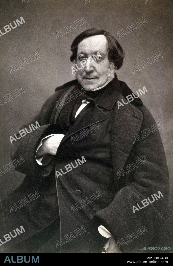 Rossini photographed by Nadar, March 1856. Gioachino Antonio Rossini (February 29, 1792 - November 13, 1868) was an Italian composer who wrote 39 operas as well as sacred music, chamber music, songs, and some instrumental and piano pieces. He was born into a family of musicians. His father, Giuseppe, was a horn player and inspector of slaughterhouses. His mother, Anna, was a singer and a baker's daughter. According to the Oxford History of Western Music, "Rossini's fame surpassed that of any previous composer, and so, for a long time, did the popularity of his works. Audiences took to his music as if to an intoxicating drug, or, to put it more decorously, to champagne, with which Rossini's bubbly music was constantly compared." Rossini took existing operatic genres and forms and perfected them in his own style. Through his own work, as well as through that of his followers and imitators, his style dominated Italian opera throughout the first half of the 19th Century. He died at the age of 76 from pneumonia in 1868. He was buried in PÃ¨re Lachaise Cemetery in Paris, France. In 1887, his remains were moved to the Basilica of Santa Croce, Florence, at the request of the Italian government.
