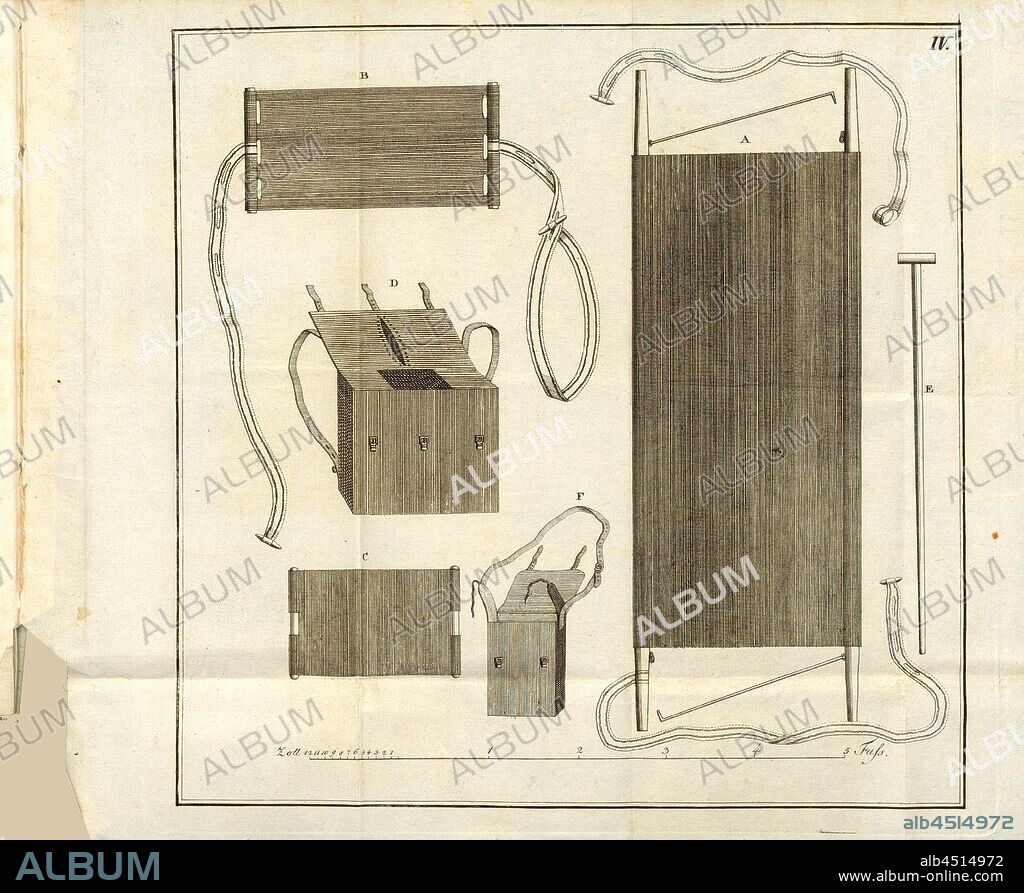 Equipment of the transport companies for the wounded on the battlefield, A: stretcher, B-C: carrying chair, D and F: bandage bag, E: crutch, plate IV, to p. 32, Johann Friedrich Goercke: Kurze Beschreibung der bei der Königl. Preuss. Armée stattfindenden Kranken-Transportmittel für die auf dem Schlachtfelde schwer Verwundeten. Berlin: in Commission der Nicolaischen Buchhandlung, 1814.