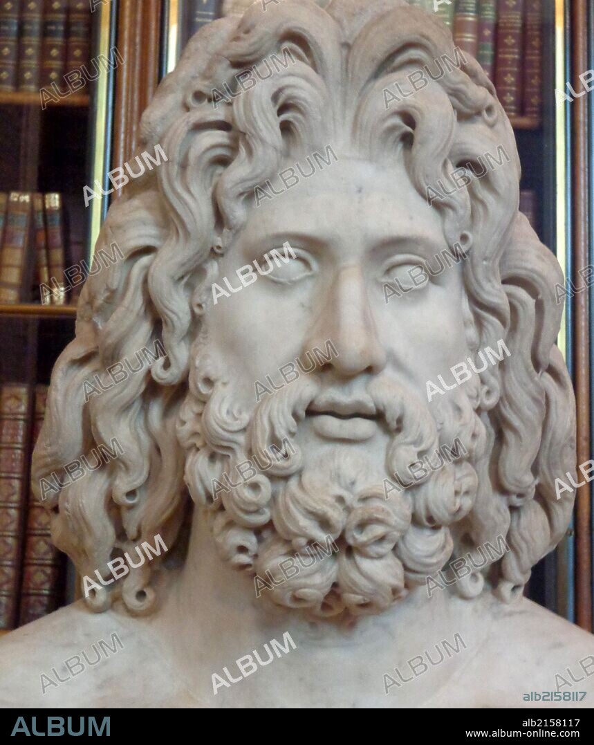 Colossal marble sculpture of the head of Zeus. From Tivoli, found in the villa of the Roman Emperor Hadrian. (Photo by: Universal History Archive/UIG via Getty Images).