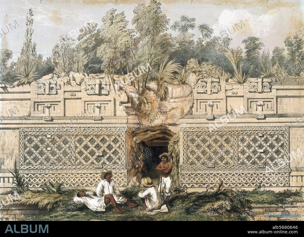 Uxmal (Mexiko), Maya-Kultur, Spätklassik. - Tempel oberhalb der Pyramide des Wahrsagers (des Zauberers, des Zwerges), um 1000 n. Chr.. Außenansicht der Westfassade. Farblithographie nach einer Zeichnung v. Frederick Catherwood. In: Views of Ancient Monuments in Central America, Chiapas and Yucatan; London, 1844.