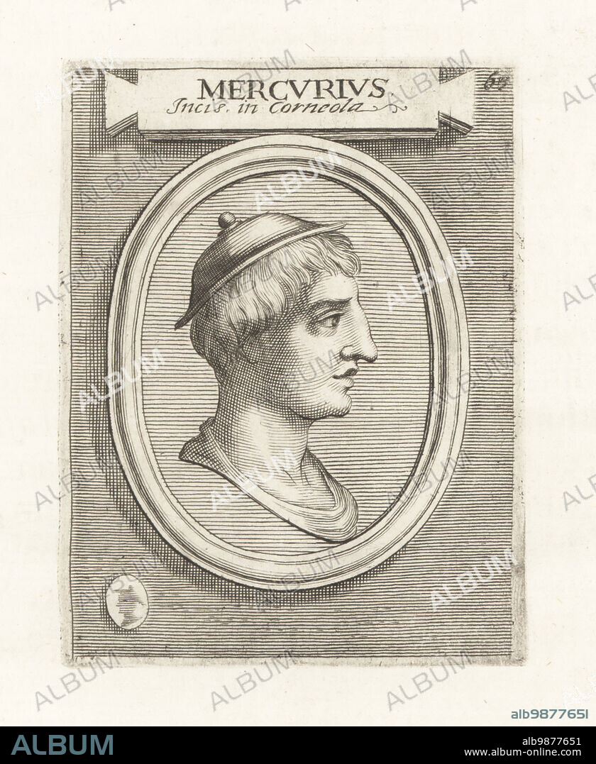 Head of the Roman messenger god Mercury in petasos hat or helmet. Etruscan Turms, Greek Hermes. From a cornelian gem. Mercurius Incis in Corneola. Copperplate engraving from Francesco Valesio, Antonio Gori and Ridolfino Venutis Academia Etrusca, Museum Cortonense in quo Vetera Monumenta, (Etruscan Academy or Museum of Cortona), Faustus Amideus, Rome, 1750.