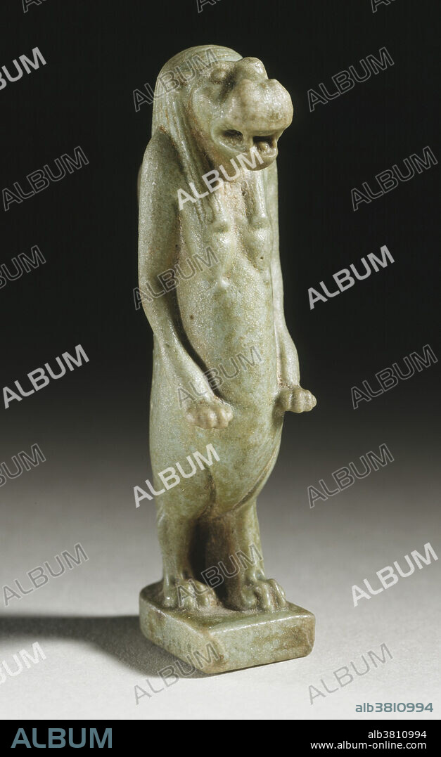 Egyptian Goddess Taweret amulet, Egypt, Late Period-Ptolemaic Period, 664-30 BC. In Egyptian mythology, Taweret (she who is great or great one) is the Egyptian goddess of childbirth and fertility. She was usually portrayed with the arms and legs of a lion and the back and tail of a crocodile (or even a complete crocodile perched on her back), while her pendulous breasts and full belly conveyed the idea of pregnancy. Pregnant women wore amulets with her name or likeness to protect their pregnancies.