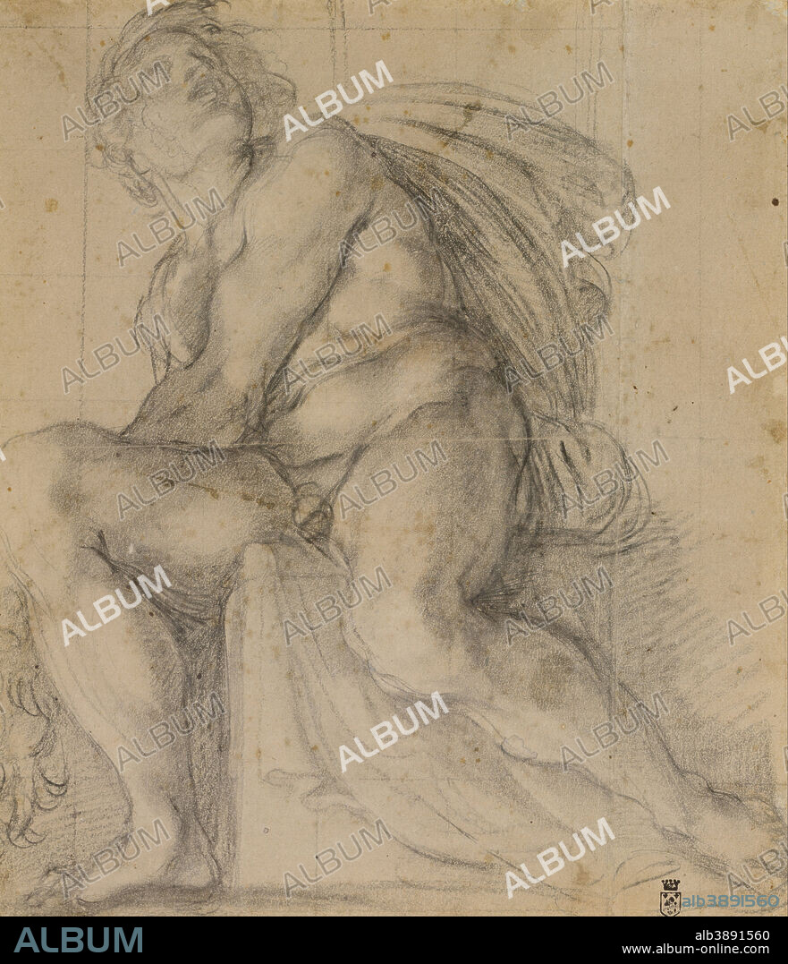 ANNIBALE CARRACCI. Study for an ignudo. Date/Period: 1598-1599. Drawing. Black chalk heightened with white, squared up for enlargement in black chalk, on faded blue paper; laid down black chalk heightened with white, squared up for enlargement in black chalk, on faded blue paper; laid down. Height: 377 mm (14.84 in); Width: 326 mm (12.83 in).