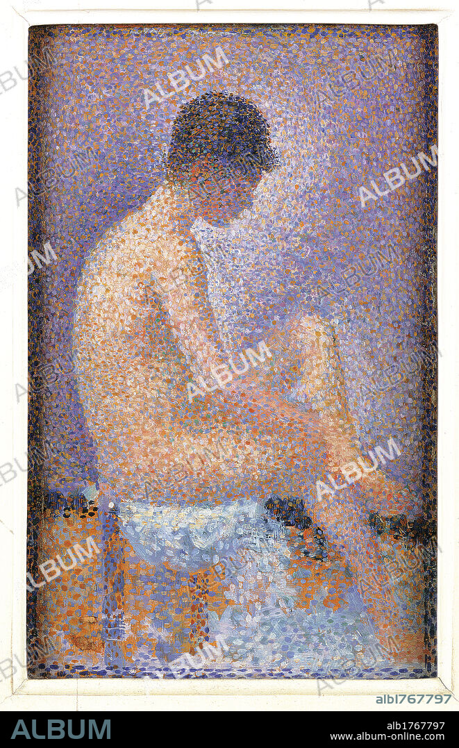 Profile of a Model, by Georges Seurat, 1887, 19th Century, canvas, cm 25 x 16. France, Ile de France, Paris, Muse dOrsay. All. Profile young woman room lilac violet stool.