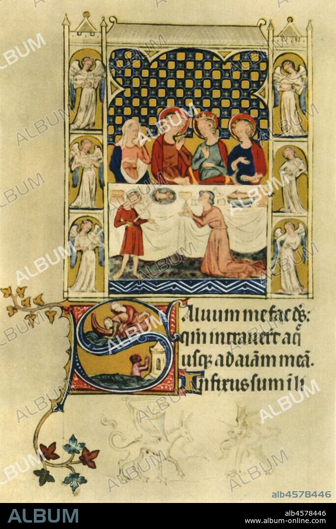 The marriage feast at Cana, early 14th century, (1942). Below, in an initial letter 'S', the throwing overboard and casting up of Jonah. From the Queen Mary Psalter, in the British Library, London. Published in "Life Among the English", by Rose Macaulay. [Collins, London, 1942].