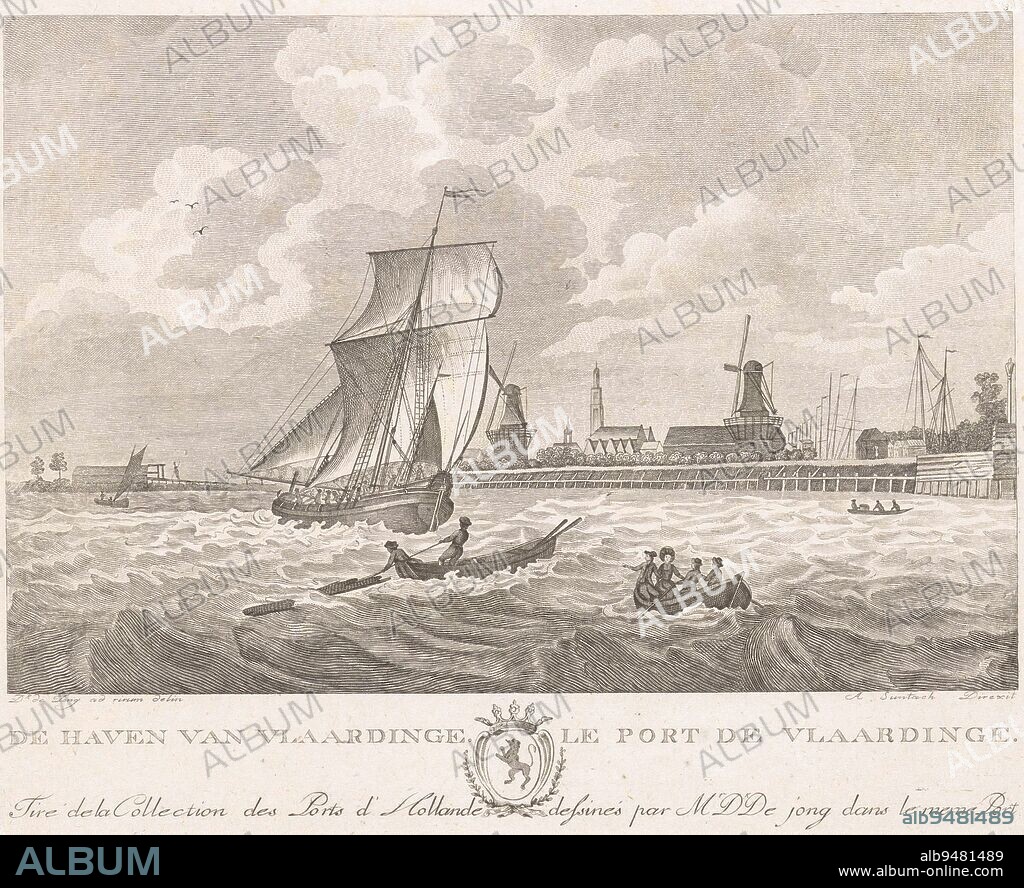 Port of Vlaardingen, Antonio Suntach (possibly), Antonio Suntach, after Dirk de Jong, 1754 - 1828, print maker: Antonio Suntach, (possibly), intermediary draughtsman: Dirk de Jong, (mentioned on object), publisher: Antonio Suntach, (mentioned on object), print maker: Italy, intermediary draughtsman: Vlaardingen, publisher: Italy, 1754 - 1828, paper, etching, engraving, h 197 mm × w 236 mm.