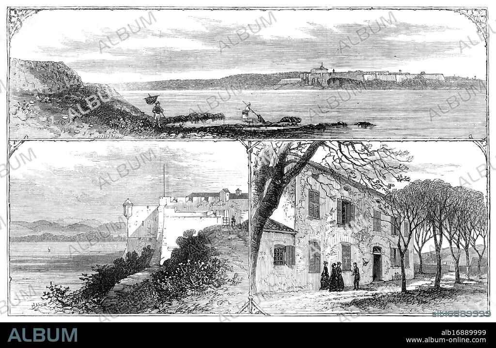 The Island and Fort of St. Marguerite, the prison of ex-Marshal Bazaine, 1874. 'The [French] Government appears to have feared a manifestation, and, instead of the prisoner being openly conducted through Paris to the Lyons Railway station, he was conveyed in a closed carriage, escorted by a detachment of gendarmerie, to Villeneuve St. Georges...The night express to Marseilles was here intercepted, and the Marshal, arriving at Antibes late on Friday, was immediately conducted across to the Ile Ste. Marguerite, his appointed place of detention. [The Fort Royal is] celebrated as the place of confinement for many years of the "Man with the Iron Mask"...Madame Bazaine and her family have arrived at Cannes, where a villa had been previously engaged for them. They will have every facility for visiting the prisoner, who, according to the Bonapartist journals, is occupied in drawing up a grand scheme for the reorganisation of the French army'. François Achille Bazaine was incarcerated in the Fort Royal on Île Sainte-Marguerite about half a mile offshore from the French Riviera city of Cannes. During the night of 9-10 August 1874, at the instigation of his wife Pepita, Bazaine escaped after two hundred and twenty-one days of imprisonment. From "Illustrated London News", 1874.