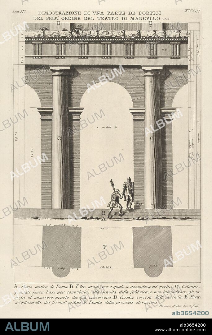 Partial elevation and plan of the first-order portico at the Theater of Marcellus (Dimostrazione di una parte de' portici del prim' ordine del Teatro di Marcello), from 'Le Antichità Romane'. Artist: Giovanni Battista Piranesi (Italian, Mogliano Veneto 1720-1778 Rome). Dimensions: Sheet: 20 1/2 x 14 5/8 in. (52 x 37.2 cm)
Plate: 16 15/16 x 10 3/16 in. (43 x 25.8 cm). Series/Portfolio: Le Antichità Romane. Date: 1756.