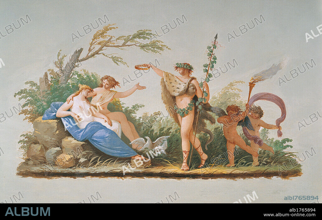 The Wedding of Bacchus or Dyonisus and Arianna, by Giovanni Carlo Bevilacqua, 1813, 19th Century, fresco,. Italy, Veneto, Padua, Palazzo de Lazara. All wedding Bacchus Dionysus and Ariadne tree garden grass goose birds putto amoretto green light blue azure.