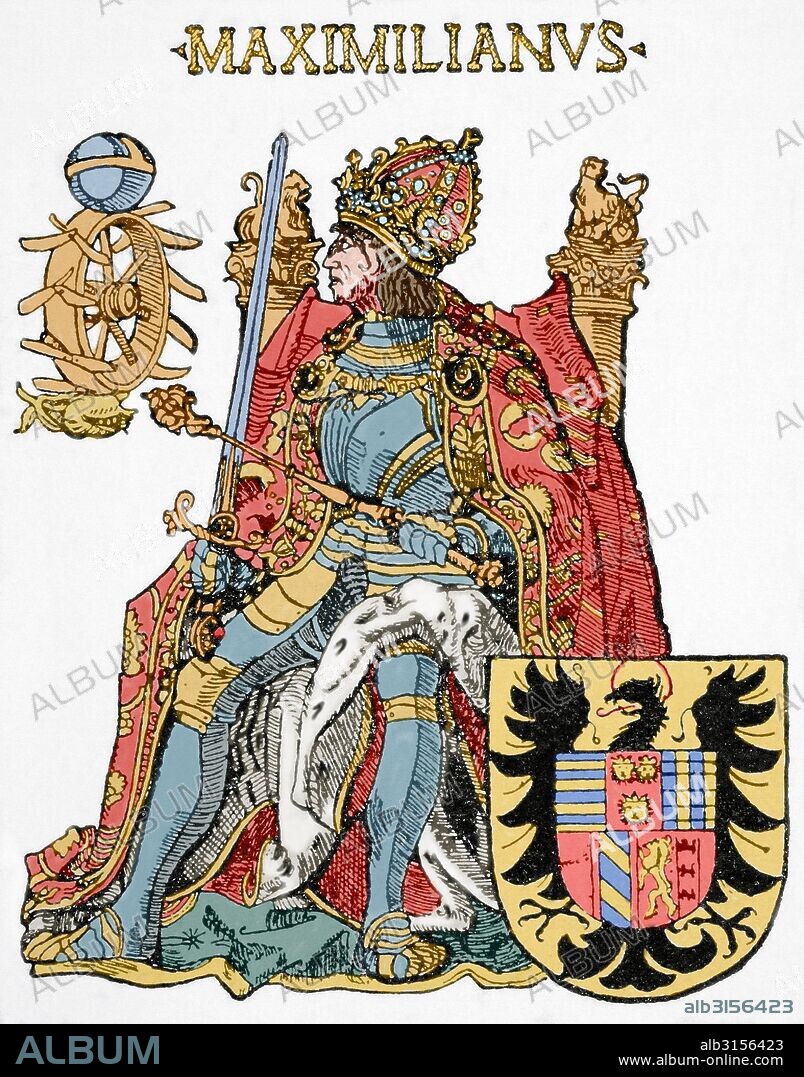 Maximiliano I de Habsburgo (1459-1519). Rey de Romanos y Emperador del Sacro Imperio Romano Germánico de 1486 hasta su muerte. Facsímil de un grabado de época. "Historia Universal", 1881. Coloreado.