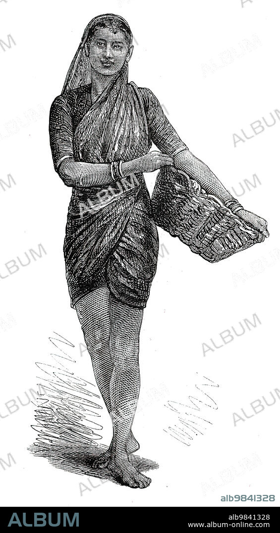 Costumes of Western India, Mahar girl, 1876. Woman in '....ordinary attire...belonging to the humbler orders of native society...copied, by permission of Dr. George Burdwood, from a collection of drawings in the Museum of the India Government Office'. From "Illustrated London News", 1876.