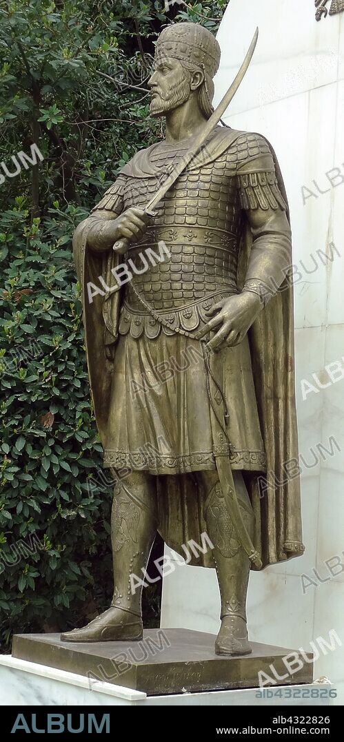 Statue of Constantine XI Dragases Palaiologos, Latinized as Palaeologus (1405 - 1453), last reigning Roman and Byzantine Emperor, ruling as a member of the Palaiologos dynasty from 1449 to his death in battle at the fall of Constantinople in 1453.