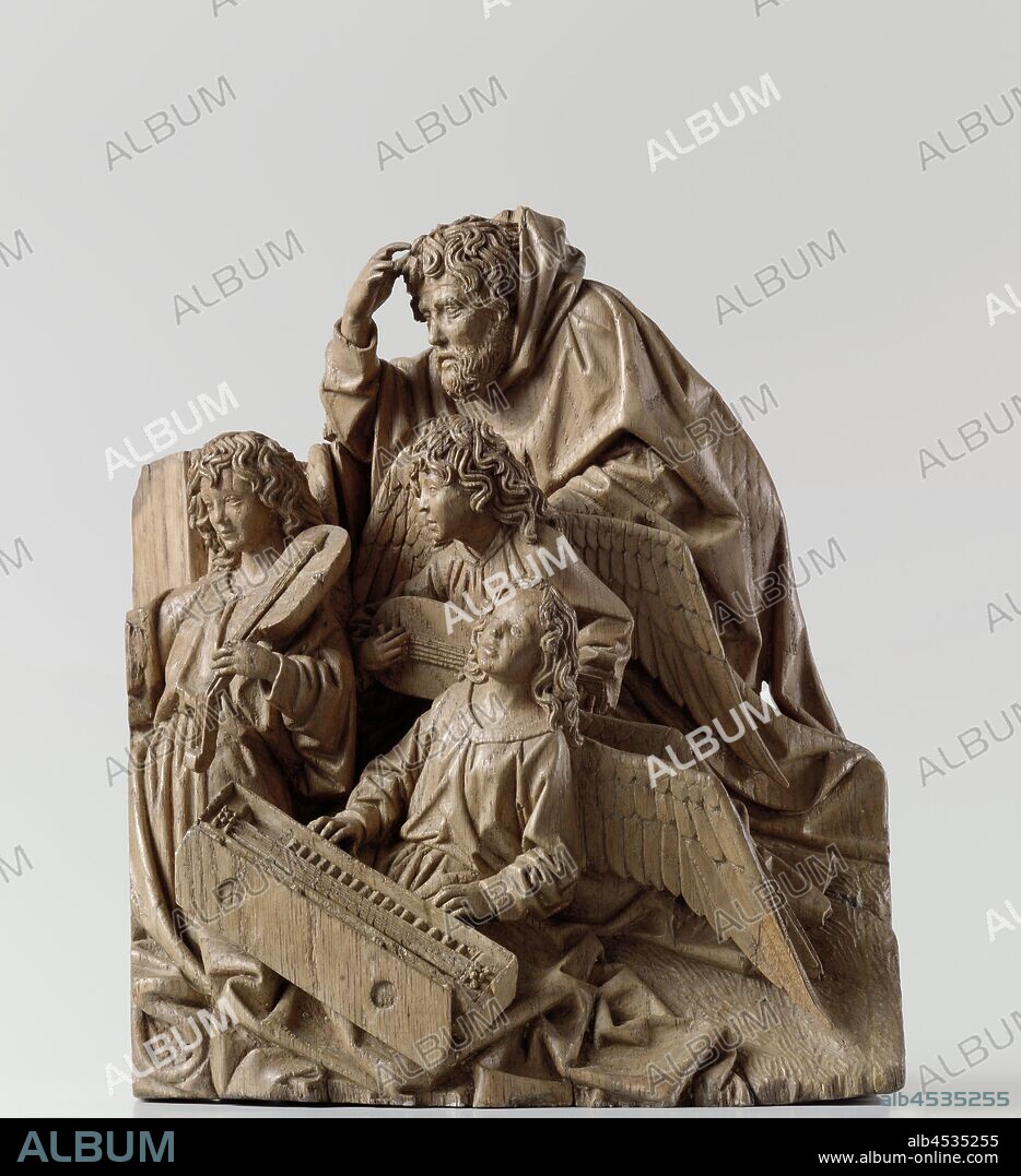 Mary, Joseph and three angels Joseph with Three Musician Angels, Fragment from the Marian Altar of the Illustrious Brotherhood of Our Blessed Lady in Den Bosch, On a strongly rising ground and in front of a raised wall three kneel to the left pointed angels: one slides both hands over the double row of keys of an open clavichord and seems to sing in the process, the angel in the front left, happily watching, holds a feather against the shoulder, the third leans forward with joyful curiosity and plays the lute. Behind them, Joseph leans forward with serious interest, holding the right hand to the head for the removal of a headgear (which was lost). He is dressed in monk's clothing, the hood of which has fallen back, the angels wear graded alben, Joseph and the new-born Christ (Nativity), adoration of the Christ-child by Mary and Joseph, angels singing, making music, 's-Hertogenbosch, Adriaen van Wesel, Utrecht, c. 1475 - c. 1477, oak (wood), h 45.3 cm × w 37.5 cm × d 23.5 cm.