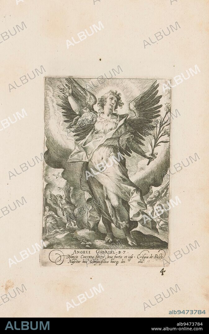 Archangel Gabriel, Angeli Gabriel (title on object), Archangels and other angels (series title), Deus Pater ex quo Omnia Angeli (series title on object), Archangel Gabriel. Numbered in the caption: 7. Part of a series of twelve representations of archangels and other angels in this album. Part of an album of mainly Christian representations., print maker: Crispijn van de Passe (I), after own design by: Crispijn van de Passe (I), (mentioned on object), publisher: Gerard Valck, 1585 - 1637 and/or 1670 - 1726, paper, engraving, height 147 mm × width 100 mm, height 298 mm × width 182 mm.