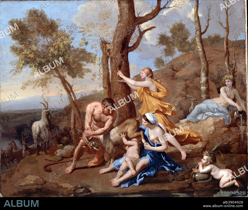 NICOLAS POUSSIN. The Nurture of Jupiter. Date/Period: Mid-1630s. Painting. Oil on canvas Oil. Height: 965 mm (37.99 in); Width: 1,210 mm (47.63 in).